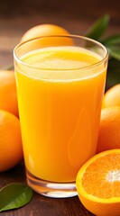Glass of Freshly Squeezed Orange Juice with Ripe Oranges on Wooden Table