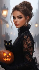 Elegant woman holding jack-o'-lantern and black cat during halloween night