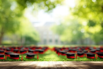 Graduation caps rest on green grass before a blurred stone building, with a wooden table foreground, suggesting achievement in a natural, bright setting