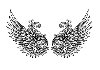 Obraz premium Elegant pair of ornamental angel wings with intricate feather and scrollwork details, a classic black and white silhouette illustration