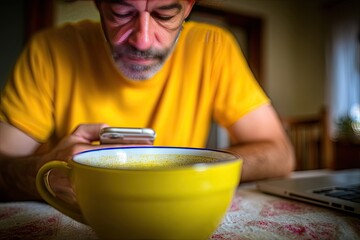 Man in yellow shirt using phone near large yellow mug