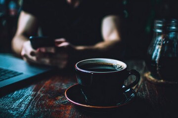 Close-up of coffee cup on a wooden table, person using phone