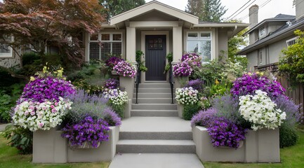 Naklejka premium A cheerful and vibrant flower display adorns the steps and porch of a light gray house, showcasing a beautiful array of purple and white blooms.