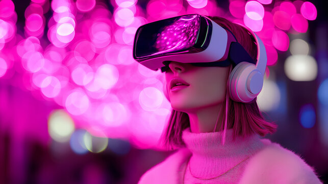 Woman wearing VR headset and headphones immersed in virtual reality with neon lights.