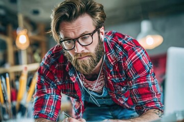 Focused man with beard and glasses, working in a workshop