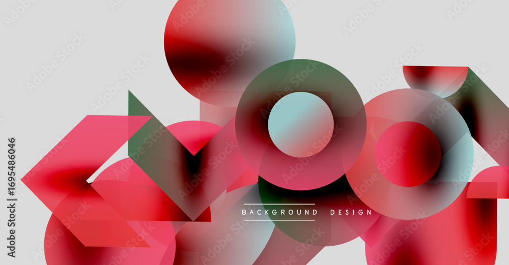 Poster abstract geometric shapes overlap, creating vibrant color blends. minimalist design with red, teal, 