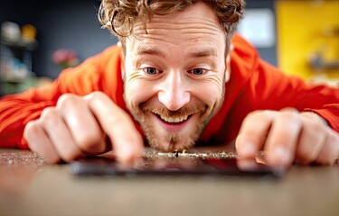 Excited man lying on floor, looking at phone close up