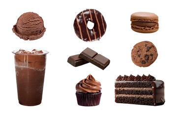 Various kind of chocolate dessert set on white background. Drink and dessert with chocolate flavor isolated. Assortment several of desserts and drinks