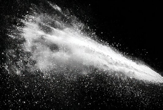 Exploding white dust cloud against a black background, evoking a sense of chaos and movement, with textures ranging from fine particles to dense clumps - Powered by Adobe