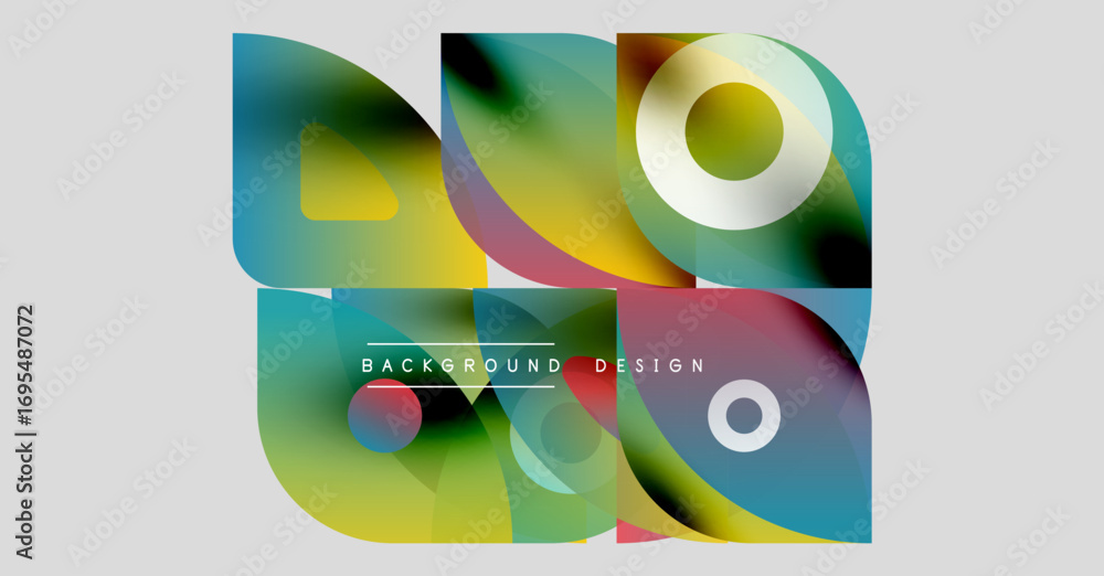 Poster abstract colorful shapes overlap. modern design features gradients, circles, text elements. backgrou