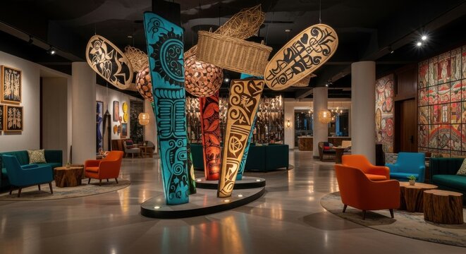 Colorful Polynesian Tribal Art Decor Display in Museum or Cultural Center