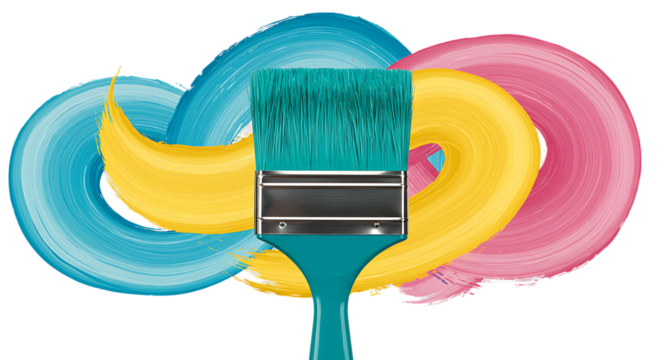 A vibrant turquoise paintbrush is positioned centrally creating colorful swirls of blue yellow and pink paint strokes on a clean white background isolated on white background