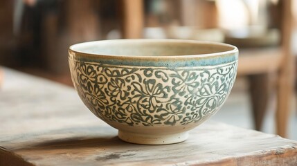 Elegant Hand-painted Ceramic Bowl: Rustic Charm with Teal Floral Design