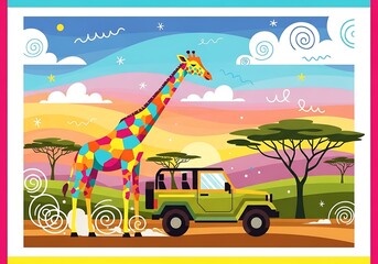 Colorful giraffe and jeep in a vibrant African savanna landscape at sunrise.
