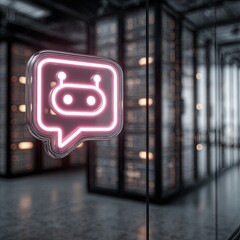 Pink neon chat bot icon in server room