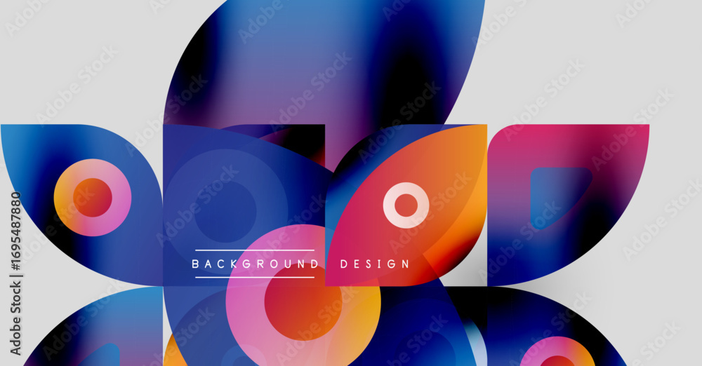 Poster abstract colorful shapes overlap. gradient hues create dynamic visual effect. modern design elements
