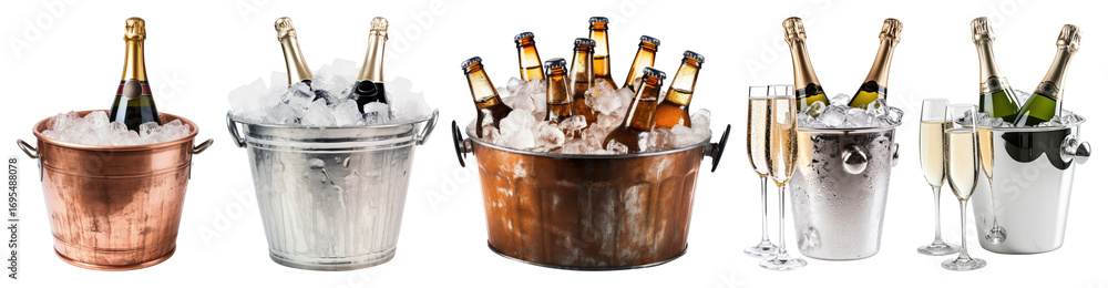 Poster png champagne bottles chilling in buckets, element set on transparent background