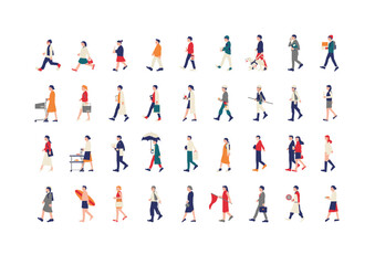 Collection of diverse people walking, carrying items, and engaging in various activities in a flat, minimalist style.