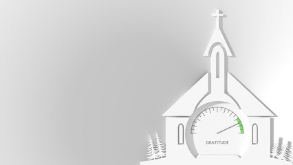 Religion concept. Scale meter with church building. Gratitude measuring. 3D render.