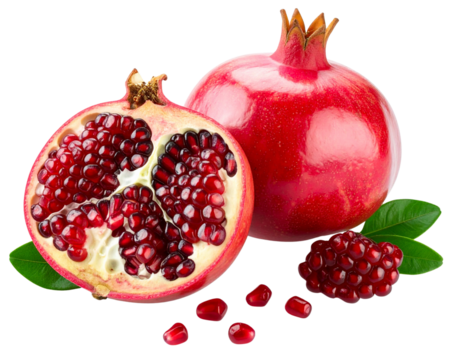 Diagonal Composition of Whole Pomegranate with Cut Half and Scattered Seeds, Isolated