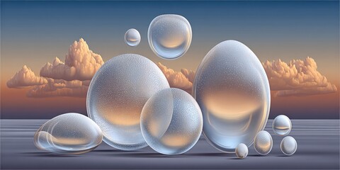 Floating, translucent spheres against a backdrop of soft clouds and an orange sky