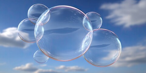 Several translucent soap bubbles float against a vibrant blue sky dotted with fluffy white clouds