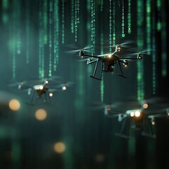 Dark, futuristic drones in flight, surrounded by falling binary code