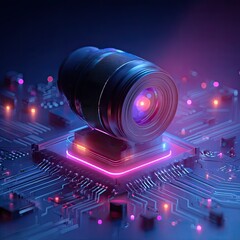 Close-up of a camera lens on a circuit board, lit by vibrant neon colors
