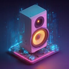 3D rendering of a speaker on a circuit board, vibrant colors