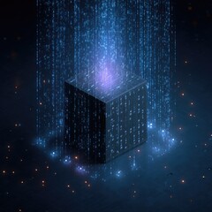 Dark cube, digital code raining down, glowing center