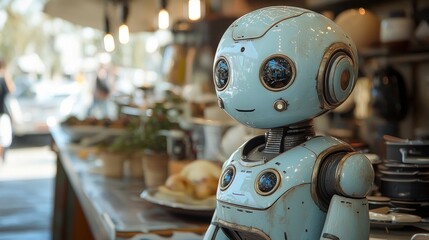 Fototapeta premium Retro-styled robot in a cafe setting