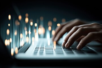 Hands typing on a laptop, glowing data points in the background