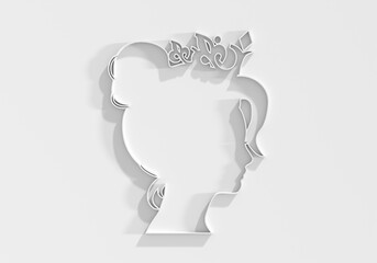 Profile view silhouette of a princess or queen. Cute girl portrait. Fashion branding emblem. 3D render
