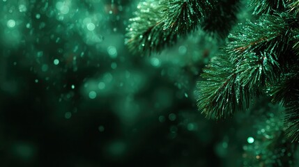 Green Tree Branches with Golden Lights and Falling Snow, Festive Christmas Tree Scene with Blurred Background
