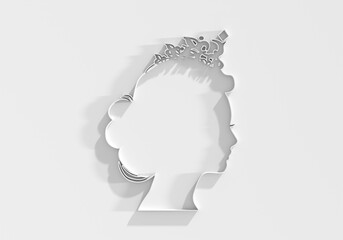 Profile view silhouette of a princess or queen. Cute girl portrait. Fashion branding emblem. 3D render