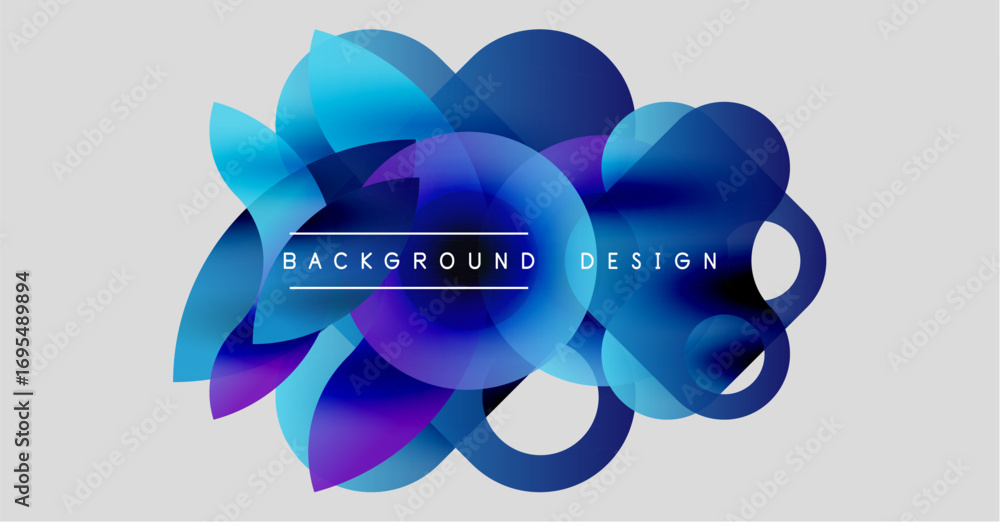 Poster abstract floral shapes overlap, creating vibrant blue, purple gradients. text reads background desig