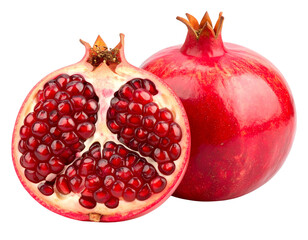 Whole Pomegranate with Half Cut Showing Red Seeds, Front View Close-Up, Isolated on White Background