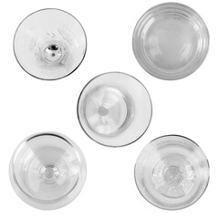 Top View of Modern Glassware Wine Champagne and Water Glasses on White