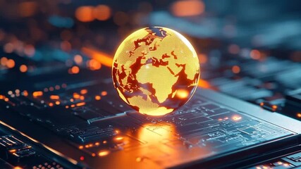 Glowing Digital Globe Circuit Board Technology Innovation Orange Light Futuristic Artificial Intelligence Global Network Cyber Modern - Powered by Adobe
