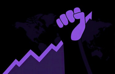 A purple fist, symbolizing power, rises above a global graph, suggesting economic growth