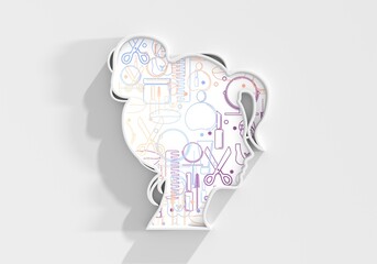 Profile view silhouette of a princess or queen. Cute girl portrait. Fashion branding emblem. Fashion and cosmetology icons. 3D render