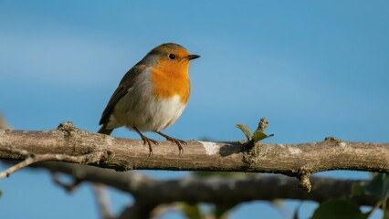 Fototapeta premium A bird perches on a branch with a blue sky in the background, showing natural vitality. 