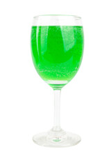 Top View of Green Drink in Wine Champagne and Water Glasses on White Background