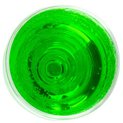 Top View of Green Drink in Glass on White Background