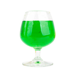 Top View of Green Drink in Wine Champagne and Water Glasses on White Background