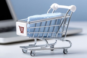 Tiny shopping cart with light blue fabric