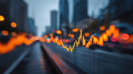 Blurred cityscape with superimposed bright golden chart data over street and buildings, creating a financial technology aesthetic