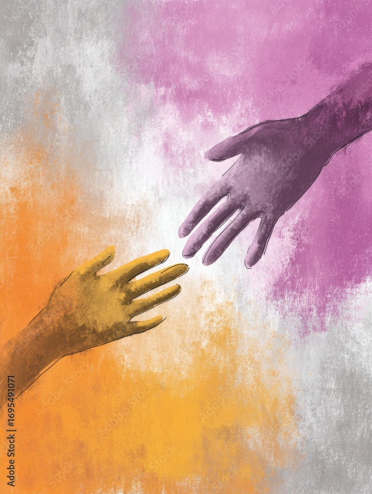 Poster colorful hands reaching towards each other illustrating connection and unity in a vibrant artistic c