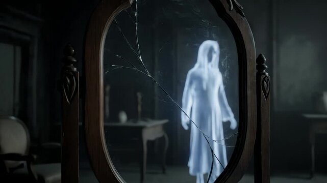 Eerie ghost in broken mirror, perfect for Halloween, horror, mystery, and paranormal content. Creates a chilling and haunting atmosphere.