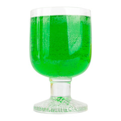 Top View of Green Drink in Wine Champagne and Water Glasses on White Background